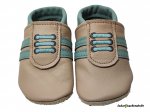 Lederpuschen als Turnschuh beige-pastelltürkis, Schnürsenkel gestickt anthrazit pasteltürkis und Streifen pastelltürkis